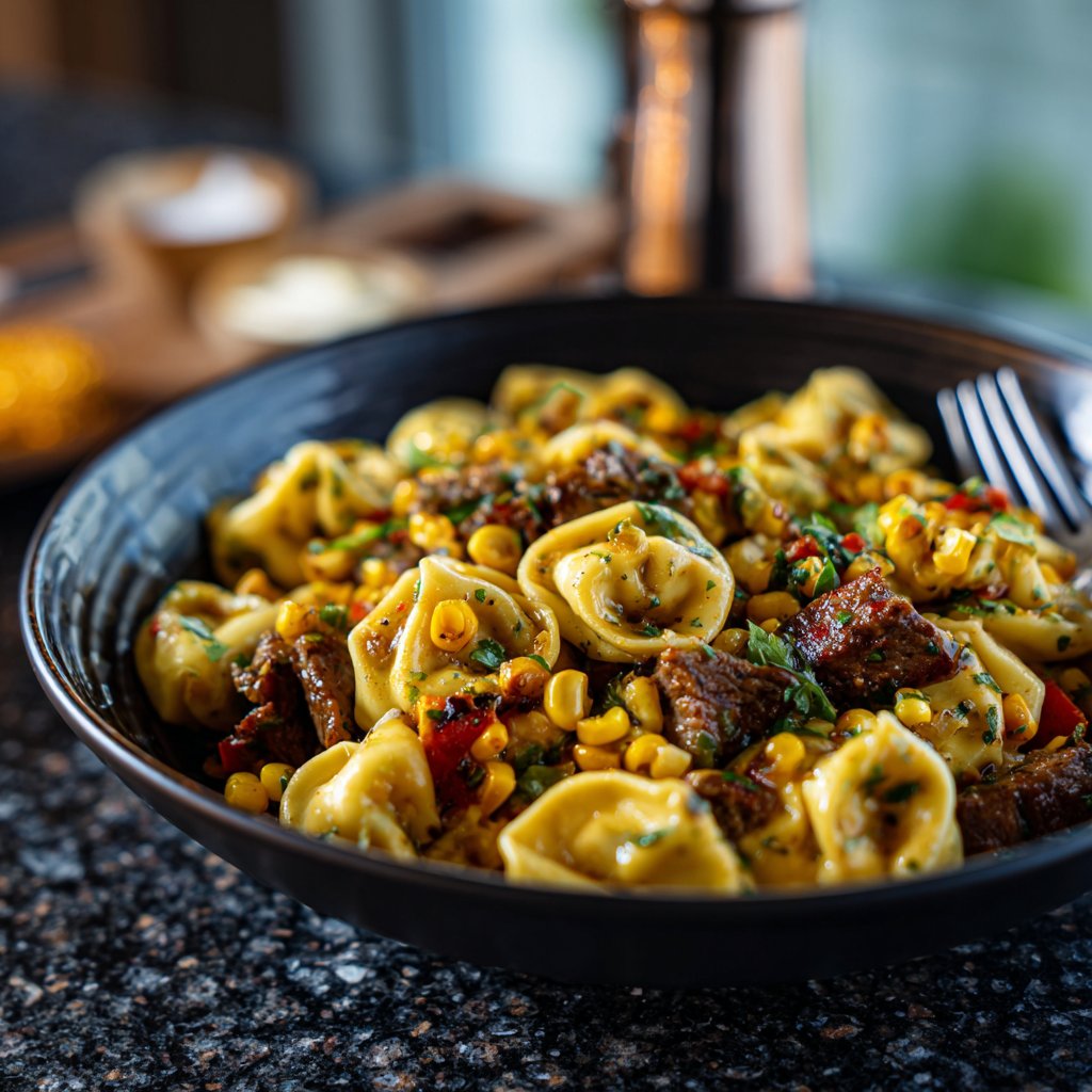 Garlic Steak Tortellini with Charred Corn
